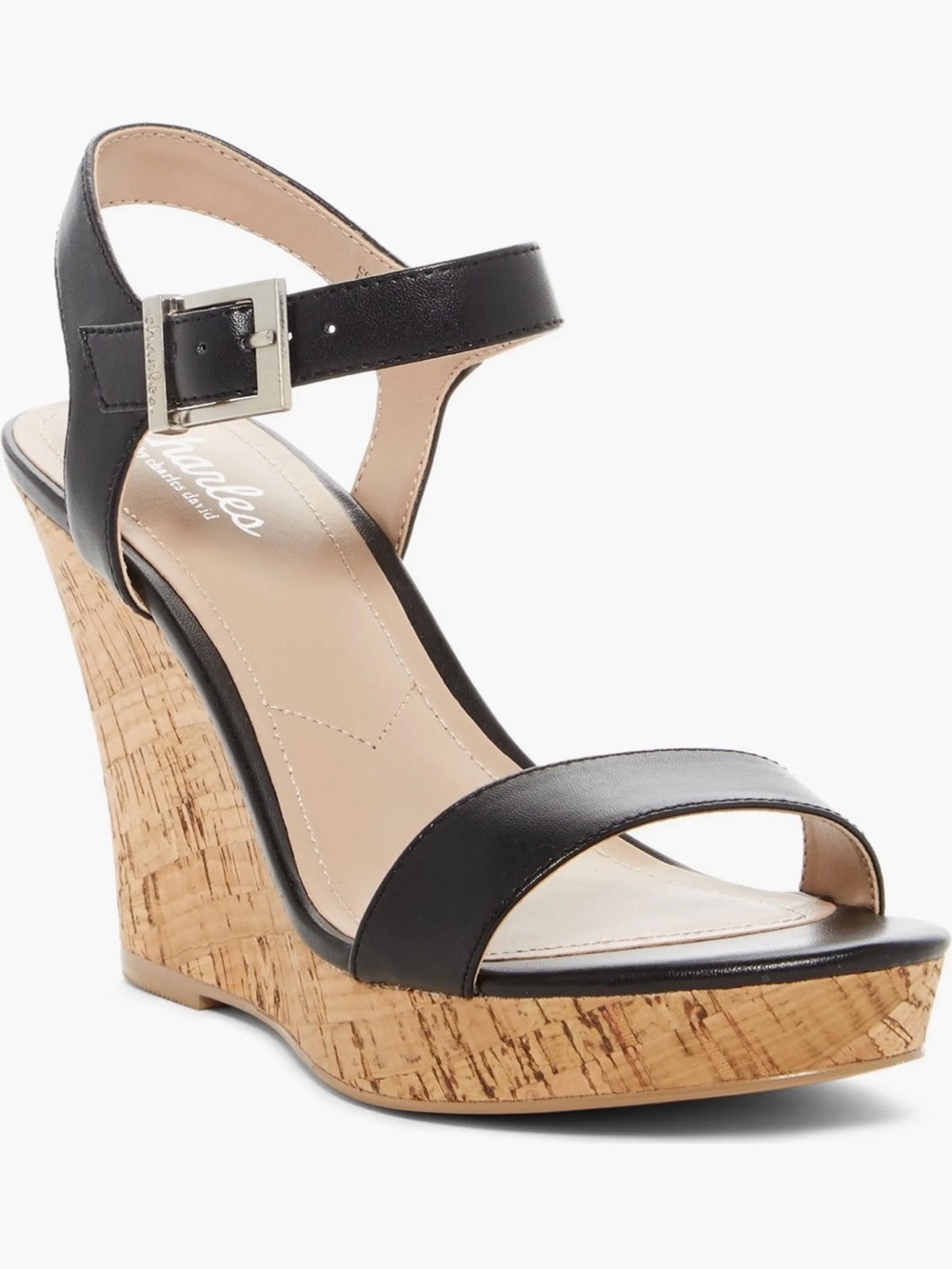 Charles by Charles David Black Faux Leather Cork Wedge Sandal